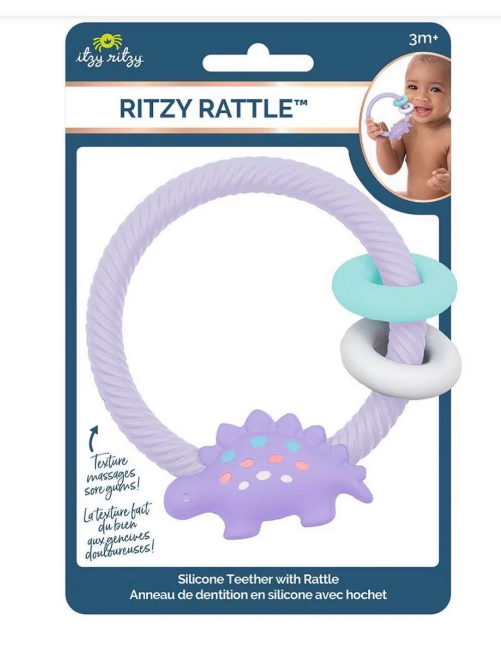 Itzy Ritzy Lavender Dino Teething Ring with Mint & Cream Rings